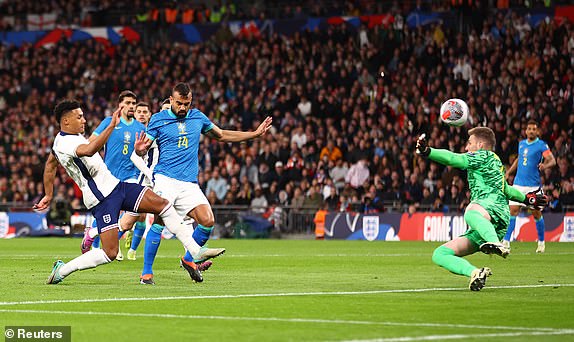 Soccer Football - International Friendly - England v Brazil - Wembley Stadium, London, Britain - March 23, 2024 England's Ollie Watkins shoots at goal REUTERS/Carl Recine