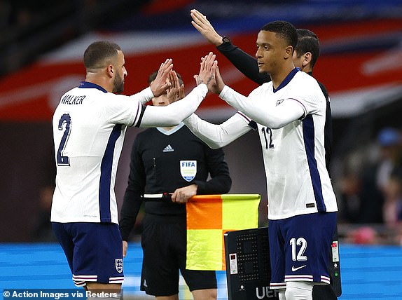 Soccer Football - International Friendly - England v Brazil - Wembley Stadium, London, Britain - March 23, 2024 England's Ezri Konsa comes on as a substitute to replace Kyle Walker Action Images via Reuters/Peter Cziborra