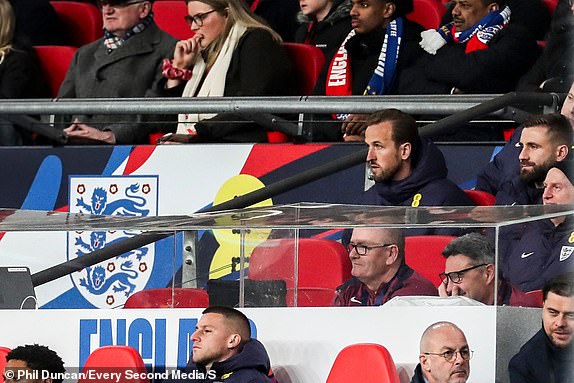 Editorial use only. All images are copyright Every Second Media Limited. No images may be reproduced without prior permission. Mandatory Credit: Photo by Phil Duncan/Every Second Media/Shutterstock (14399506x) England forward Harry Kane looks on from the stand during the England v Brazil International Friendly match at Wembley Stadium, London, England, United Kingdom on 23 March 2024 England v Brazil, Wembley Stadium, London, Wales, United Kingdom - 23 Mar 2024