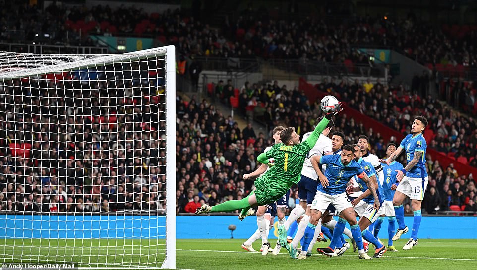 Brazilian goalkeeper Bento, who plays for Athletico Paranaense, was called upon in the match to deny England several times