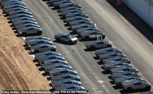 Controversial Tesla Cybertrucks are lined up at the firm's 'Gigafactory' in Texas