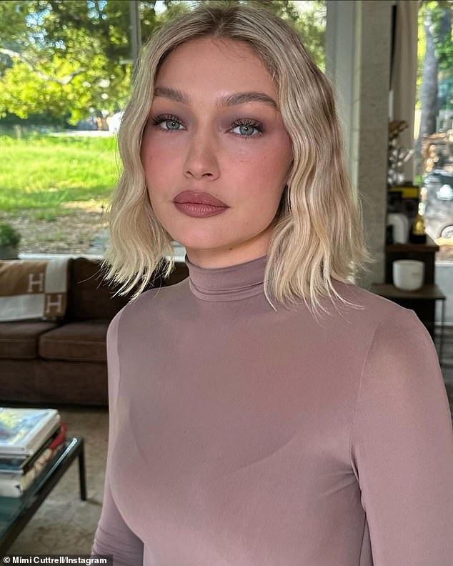 Gigi (born Jelena) was wearing a grey Magda Butrym turtleneck selected by stylist Mimi Cuttrell