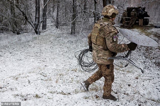 Although SpaceX's contract to provide LEO broadband internet over Ukraine came via Pentagon-derived aid to the country, neither SpaceX or the US military has disclosed whether they are coordinating tp indentify bad actors on Starlink. Above, a Starlink terminal in Ukraine