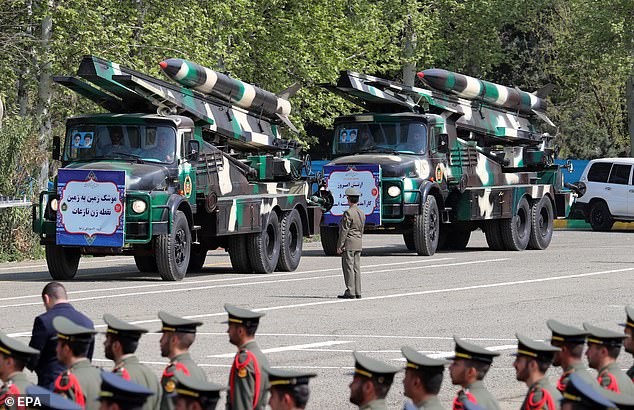 Iranian medium range missiles 'Nazeat' are displayed during the annual Army Day celebration at a military base in Tehran, Iran, April 17, 2024
