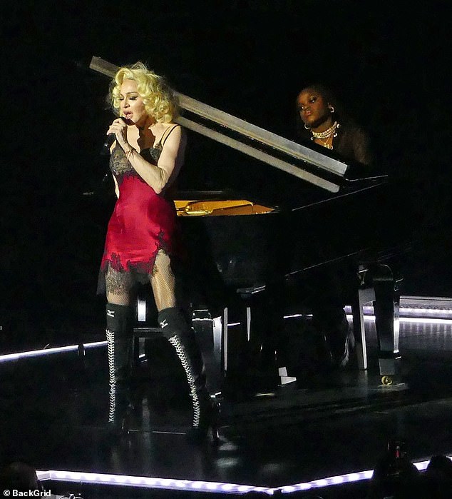 Mercy (pictured with her mom in December 2023) takes the stage at one point, emerging behind a large piano before playing the instrument all by herself, eventually landing on a rendition of her mom's 1992 number Bad Girl