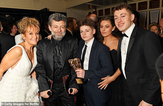 (L2R) Lorraine Ashbourne, Andy Serkis, Louis Serkis, Ruby Serkis and Sonny Serkis pose at the Netflix BAFTA after party in 2020