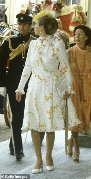 Anne chose a floral dress by Maureen Baker for the wedding of Prince Charles and Lady Diana Spencer in 1981