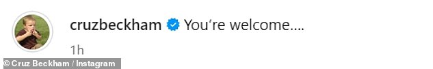 Cruz simply penned: 'You¿re welcome¿.'