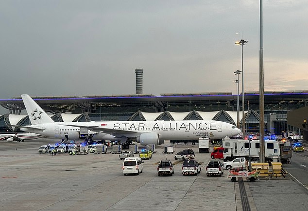 Pictured: The plane and ambulances are seen on the tarmac at Suvarnabhumi International Airport in Bangkok