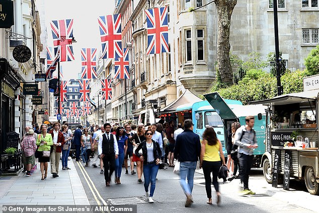 Pictured: A general view of Jermyn Street as St James's Hosts LFWM Shows on June 9, 2018 in London