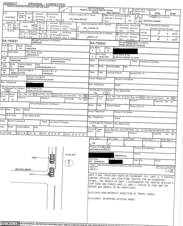 An incident report obtained by DailyMail.com lists Dennis as the owner of the vehicle but the driver as 'unknown' since she was not stopped nor arrested at the time of the collision