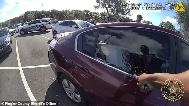 The officer is seen shattering the window with a tool as the other officer talks to the adult on the other side of the vehicle