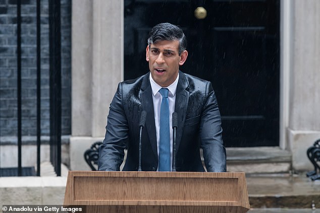 Prime Minister Rishi Sunak makes a statement announcing an election outside 10 Downing Street