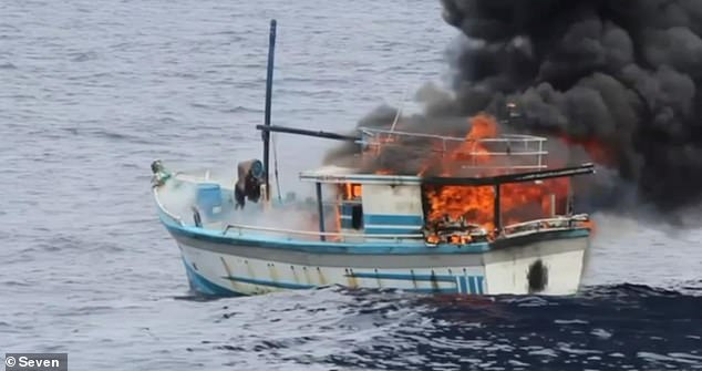 Extraordinary footage shows several boats off the coast up in flames and engulfed in plumes of thick, grey smoke off the coasts of Queensland and the Kimberley