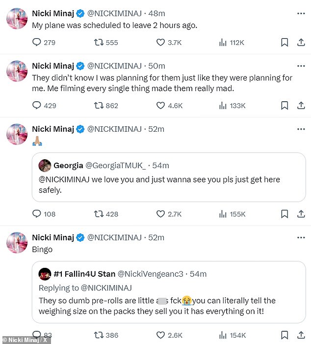 Minaj also tweeted that her 'filming every single thing made' airline employees and police 'mad'