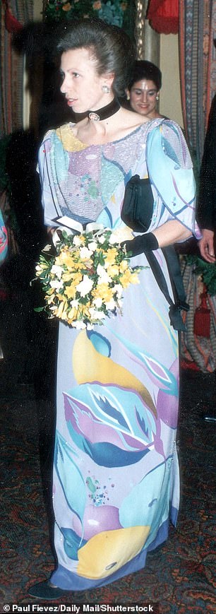 Princess Anne first wore this patterned lavender gown to an event at the Royal Albert Hall in 1989