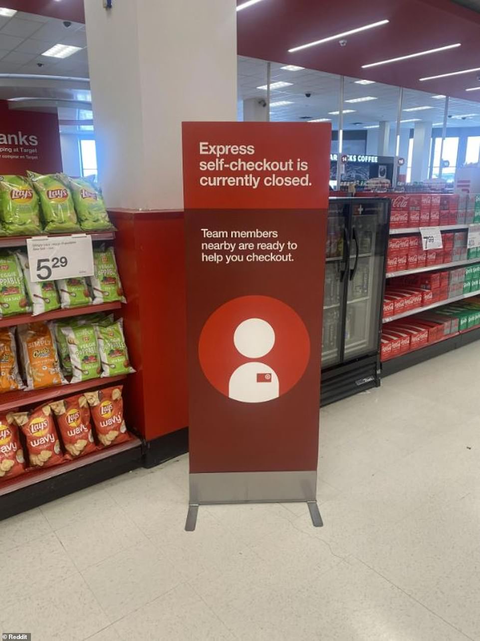A sign reads: 'Express self-checkout is currently closed. Team members nearby are ready to help you checkout.' Lines at the store are now longer, shoppers say. Jennifer Mendez told KRON4 that shopping is more complicated for her. 'Usually when I go into Target or another store, if there is no self-checkout, it's harder for me with two toddlers under 5,' she said.