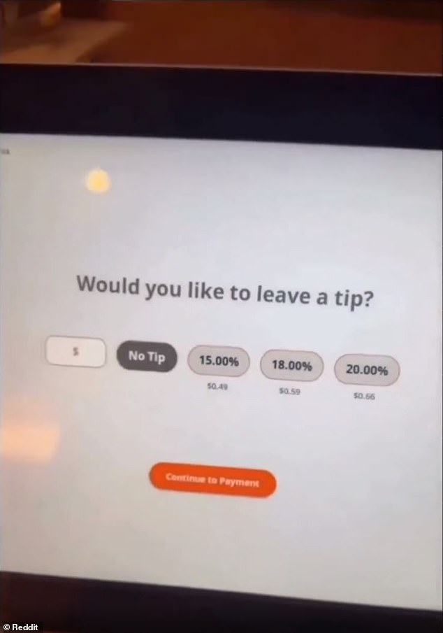 An outraged customer has posted about their experience with a self checkout machine that requests tips after scanning items, documenting the experience on Reddit