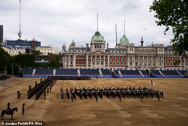 Troops of the Household Division take part in the Brigade Major's Review in London yesterday