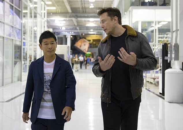 Yusaku Maezawa, who made his money through the fashion industry, launched plans for the lunar voyage in 2018, buying all the seats on the spaceship. He's pictured here with SpaceX CEO Elon Musk