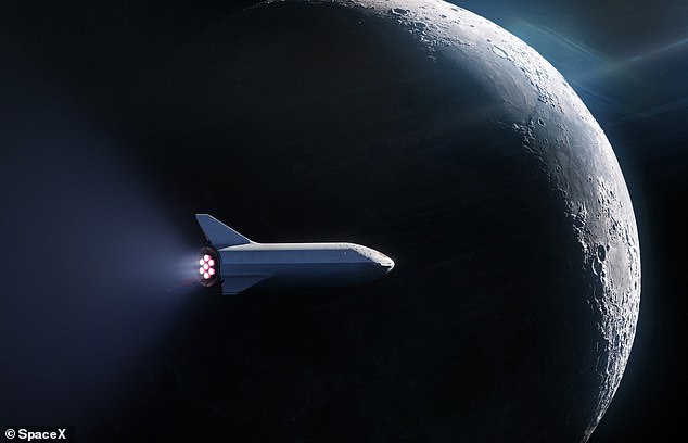 SpaceX's Starship rocket is depicted here during its trip around the moon. When Starship is eventually ready, Elon Musk hopes it will transport people to the moon and Mars