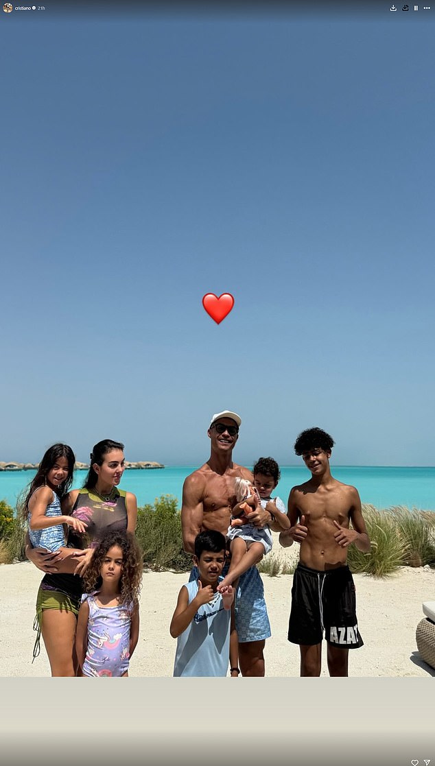 On his Instagram story, Ronaldo had his five children are seen soaking up up the sun