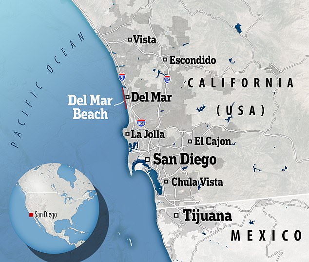 The swimmer, a 46-year-old man identified as Caleb, was seriously injured in the attack at Del Mar City Beach in Del Mar, around 20 miles north of San Diego