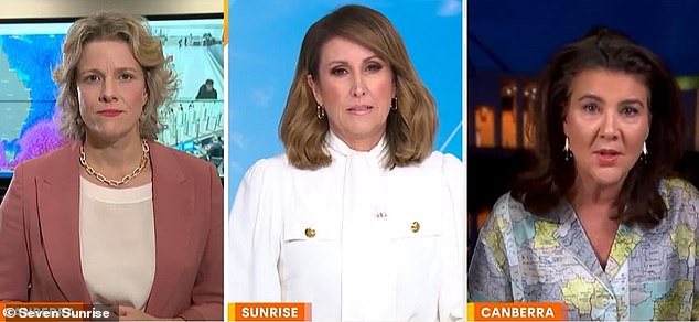 Nat Barr (centre) has been forced to pull the plug on an uncomfortably tense interview with the Home Affairs Minister Clare O'Neil (left) and Liberal Senator Jane Hume (right) after the pair refused to stop arguing over the government's latest immigration bungle