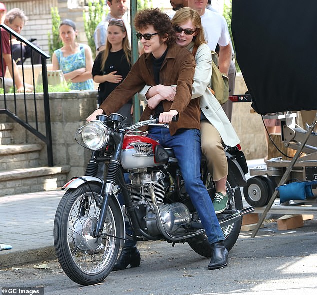 The 28-year-old actor was joined on set in Hoboken, New Jersey, by his costar Elle Fanning, 26, as they filmed a scene on a motorcycle