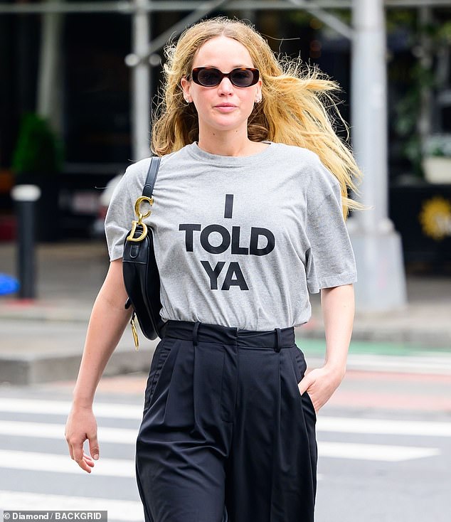 The 33-year-old Hollywood fixture was spotted walking through New York City in the loose-fitting shirt, which she tucked into black trousers