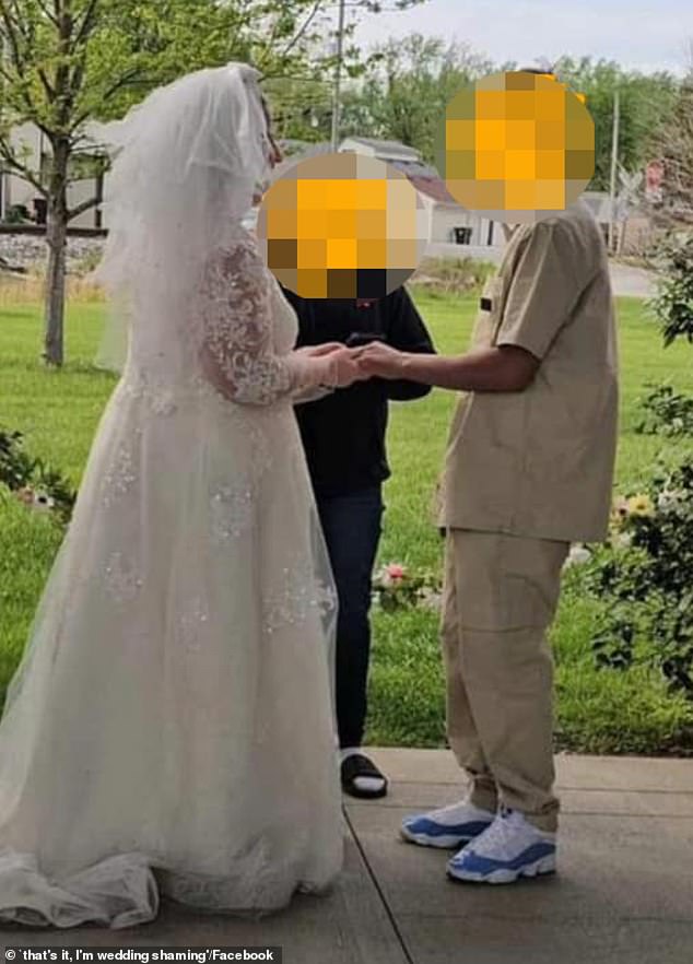 The man was photographed holding hands with the bride in a matching khaki set with a new pair of Nike Air Jordans