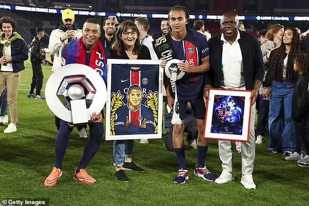 The careers of Kylian Mbappe (far left) and his younger brother Ethan (second from right) have been carefully managed by dad Wilfried (far right) and their no-nonsense mum Fayza Lamari