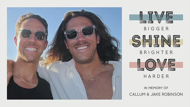 The cover of the memorial brochure featured a picture of the two brothers smiling with their arms around one another, accompanied by the words: 'live bigger, shine brighter, love harder' (pictured)