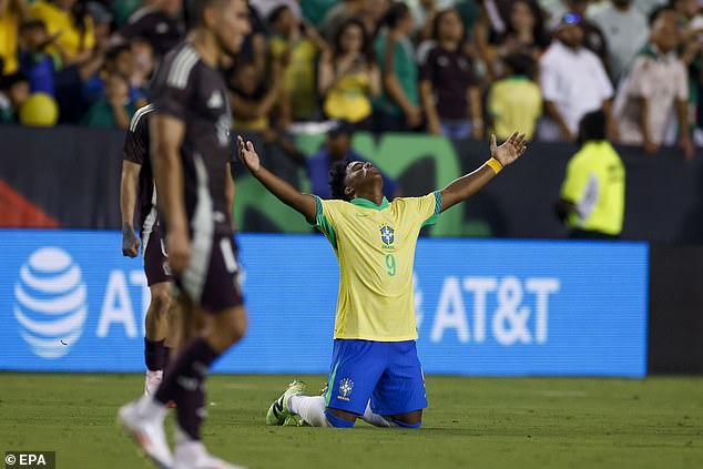 Endrick celebrate's scoring his 96th minute winner for Brazil in their friendly win over Mexico