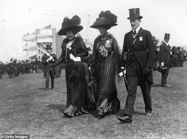 One of the most memorable royal meetings was in June 1910, held a month after the death of King Edward VII. Racegoers were instructed to wear either full black or a mixture of black and white. Above: Lady Knaresborough and her daughter, the Honourable Helen Moysey-Thompson and Mr Miller Mundy, wearing mourning clothes at Black Ascot