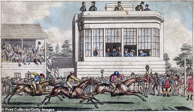 King George IV and the Duke of York depicted watching proceedings at Royal Ascot from the Royal Stand