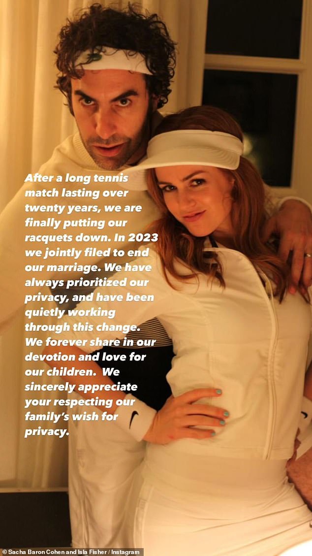 The couple - who share three children - revealed the news in a brief Instagram statement, likening their romance to a tennis match, posing in tennis whites and announcing they were 'putting their racquets down' after 20 years together.