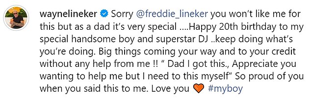 Underneath a throwback video of Freddie playing with a hoola hoop, Wayne wrote: 'Happy 20th birthday to my special handsome boy and superstar DJ... keep doing what's you're doing.'