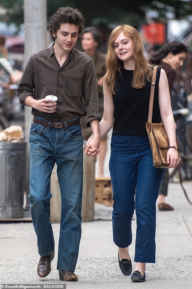 Timothée Chalamet, 28, and his costar Elle Fanning, 26, were in costume as a young Bob Dylan and his girlfriend Suze Rotolo when they filmed a scene in Hoboken, New Jersey, on Wednesday for the biopic A Complete Unknown