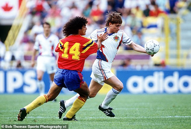 Stojkovic moves past Colombia's Leonel Alvarez with the ball in the 1990 World Cup Final