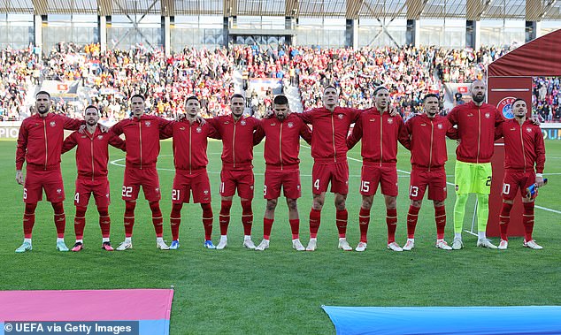 The Serbian national team ahead of their Euro 2024 European qualifier match against Bulgaria