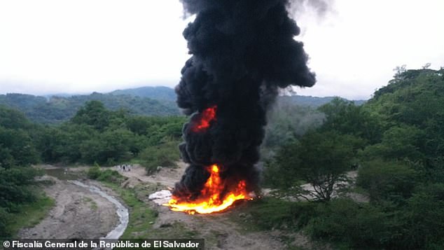 A dark cloud of smoke hovered over a forest near San Salvador, the capital of El Salvador, on Monday after authorities set 2,699 kilos of cocaine on fire