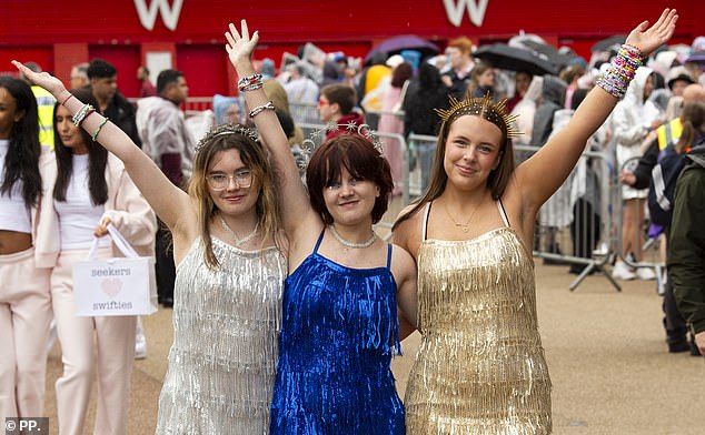 Taylor Swift fans Lucy Powell, Jessica Mason and Abbie Mason outside Anfield