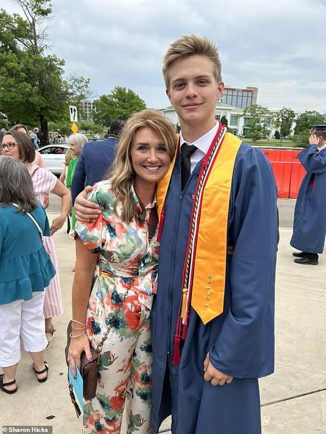 Hayden Hill, 18, (pictured with his mother Sharon Hicks at his graduation) is stranded in an Italian hospital after falling off a 60ft cliff and breaking is leg on a school trip to Europe