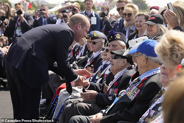 JUNE 6: prince William, the Prince of Wales, greets Canadian veterans at a ceremony to mark the 80th anniversary of D-Day at Juno Beach in Courseulles-sur-Mer, Normandy, France