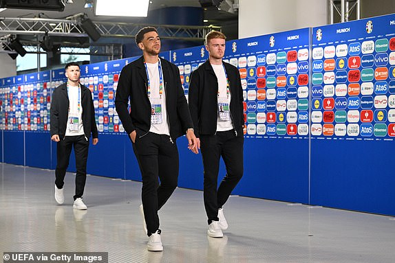 MUNICH, GERMANY - JUNE 14: Che Adams and Tommy Conway of Scotland arrive at the stadium prior to the UEFA EURO 2024 group stage match between Germany and Scotland at Munich Football Arena on June 14, 2024 in Munich, Germany. (Photo by Sebastian Widmann - UEFA/UEFA via Getty Images)