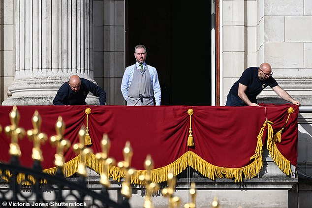 Preparations on the Buckingham Palace balcony this morning before Trooping The Colour