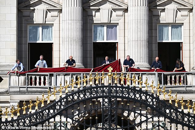 Preparations on the Buckingham Palace balcony this morning before Trooping The Colour