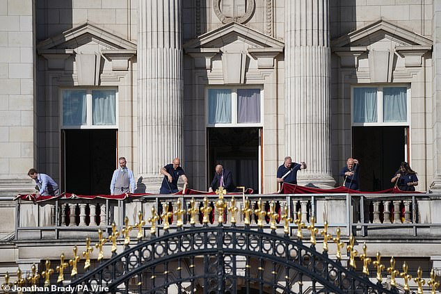 Preparations on the Buckingham Palace balcony this morning before Trooping The Colour