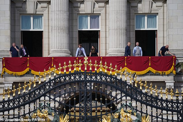 Preparations on the Buckingham Palace balcony this morning before Trooping The Colour